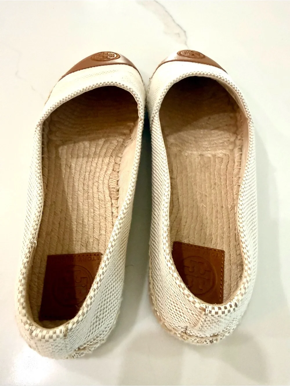 Tory Burch Cream Canvas Espadrilles with Tan Leather Cap Toe